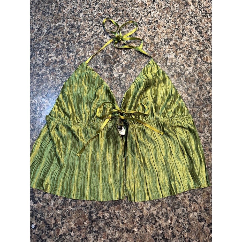 SHEIN Green Pleated Halter Top Shimmer Wavy Texture Tie Front Crop Top Size M